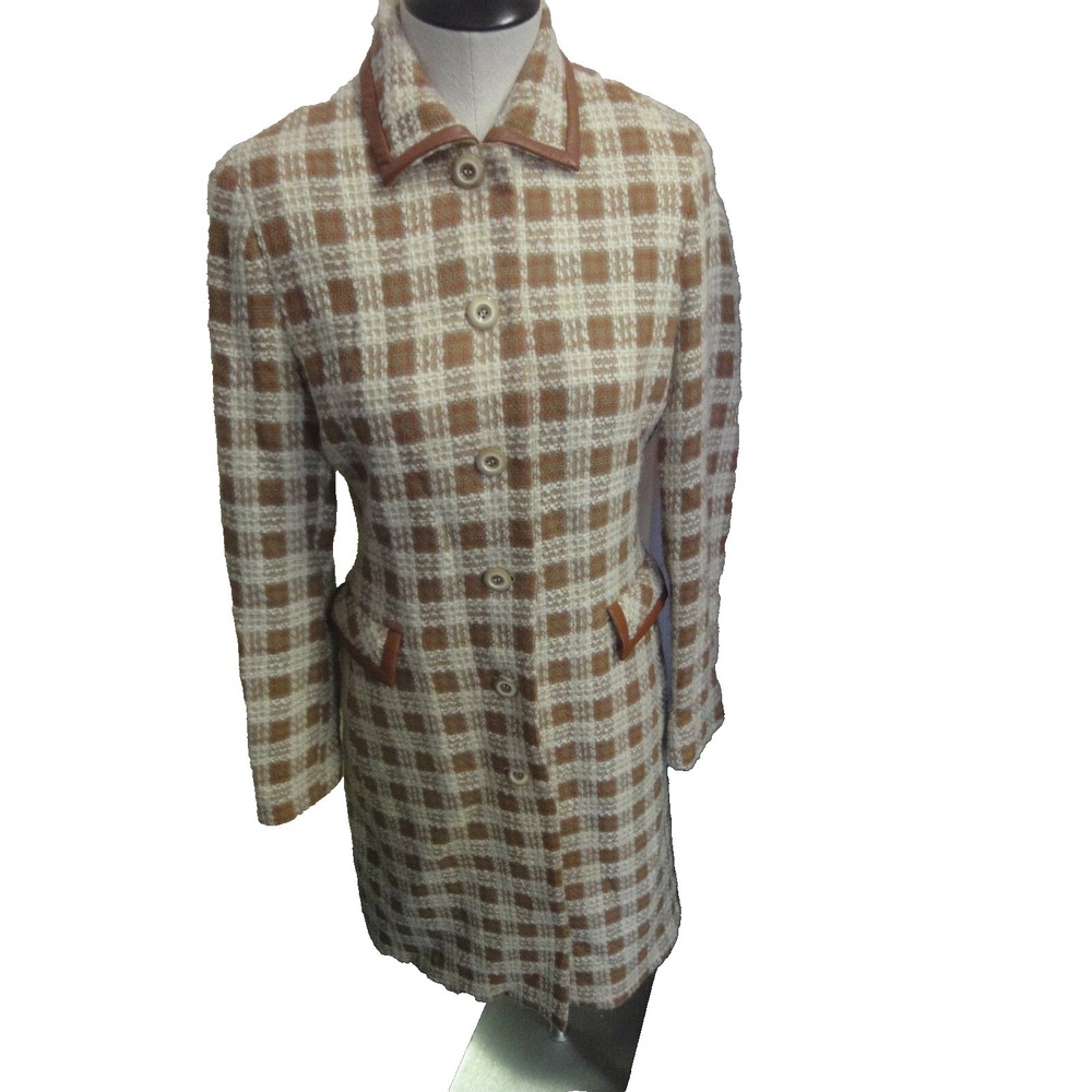 Noviello Bloom women 4 wool long coat tan brown tartan plaid faux leather accent